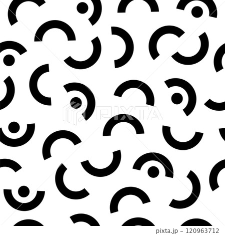 Seamless pattern featuring black geometric shapes on a white background, creating a dynamic and visually engaging design with semicircles and circles 120963712