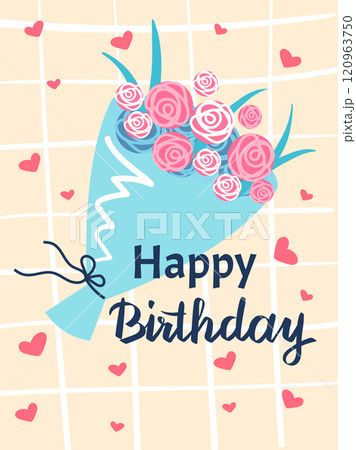 Cheerful happy birthday greeting card features a bouquet of pink and white roses wrapped in light blue paper, adorned with hearts on a grid background, creating a festive and romantic atmosphere Cheerful happy birthday greeting card features a bouquet of pink and white roses wrapped in light blue paper, adorned with hearts on a grid background, creating a festive and romantic atmosphere 120963750