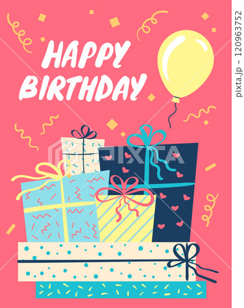 Colorful greeting card celebrating a happy birthday with a pile of wrapped gifts, decorated with ribbons and bows and a floating balloon on a vibrant pink background with confetti and streamers. 120963752