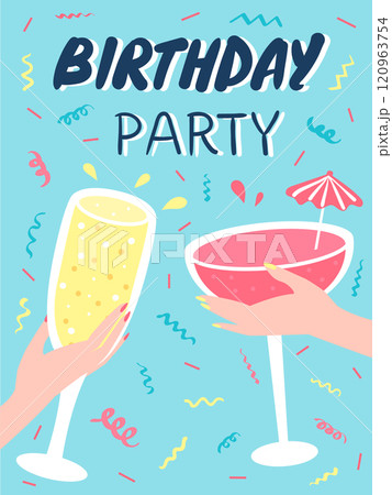 Two hands holding champagne and cocktail glasses, celebrating a birthday party with colorful confetti and festive decorations on a vibrant blue background 120963754