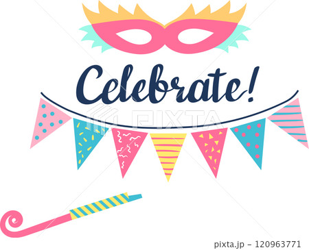Creating a festive atmosphere, a vibrant banner, colorful mask, and lively party horn come together, enhancing the celebratory spirit for any special occasion or event 120963771