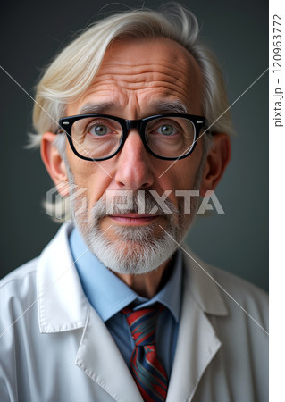A mature scientist with glasses and white coat posing for a portrait in a professional setting 120963772