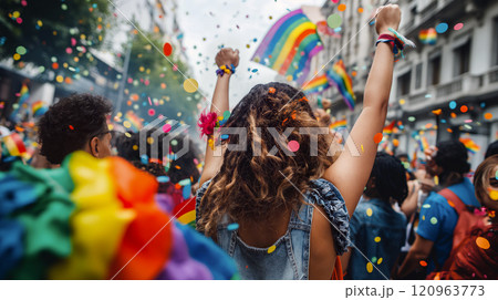 Colorful celebration at a Pride parade in the city with people enjoying and expressing joy in the streets - LGBT event 120963773