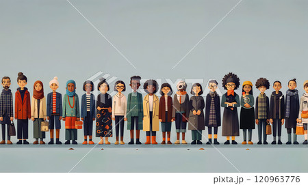 Diverse group of animated characters standing together, displaying unity and inclusivity in a vibrant, modern design 120963776