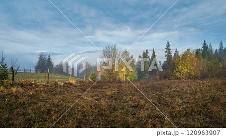 Cloudy and foggy morning late autumn mountains scene. Peaceful picturesque traveling, seasonal, nature and countryside beauty concept scene. Carpathian Mountains, Ukraine. Cloudy and foggy morning late autumn mountains scene. Peaceful picturesque traveling, seasonal, nature and countryside beauty concept scene. Carpathian Mountains, Ukraine. 120963907