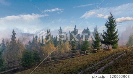 Foggy autumn mountain sunrise scene. Peaceful picturesque traveling, seasonal, nature and countryside beauty concept scene. Foggy autumn mountain sunrise scene. Peaceful picturesque traveling, seasonal, nature and countryside beauty concept scene. 120963908