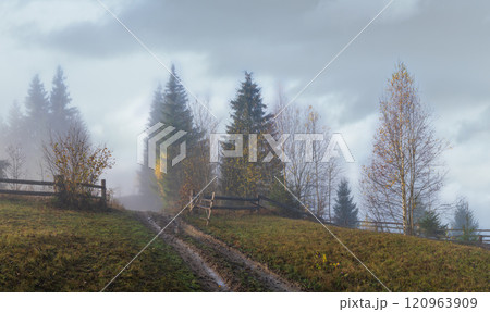 Foggy autumn mountain sunrise scene. Peaceful picturesque traveling, seasonal, nature and countryside beauty concept scene. Foggy autumn mountain sunrise scene. Peaceful picturesque traveling, seasonal, nature and countryside beauty concept scene. 120963909