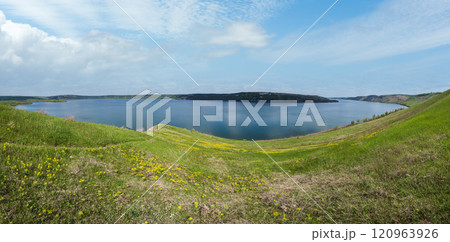 Amazing spring view on the Dnister River Canyon, Bakota Bay, Chernivtsi region, Ukraine. Amazing spring view on the Dnister River Canyon, Bakota Bay, Chernivtsi region, Ukraine. 120963926