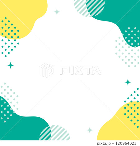 抽象的　フレーム　正方形　水玉とキラキラ　緑と黄色	 120964023