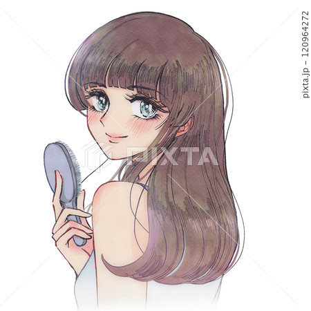 サラサラブラウンヘアをブラシでとかす綺麗な女性のイラスト 120964272