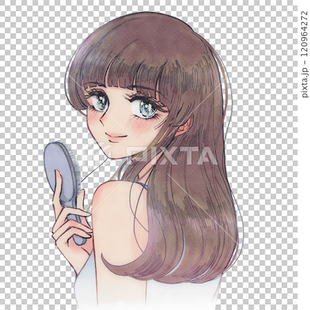 サラサラブラウンヘアをブラシでとかす綺麗な女性のイラスト 120964272