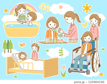高齢者の介護や世話をする女性の介護士をイメージしたイラストのセット　白フチつくバージョン 120964280