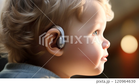 補聴器をつける白人の幼児の横顔のクローズアップ 120964630