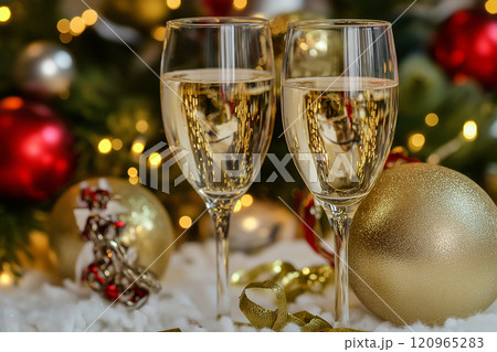 シャンパングラスとクリスマスオーナメントの華やかなホリデーセッティング5　　AI生成画像 120965283