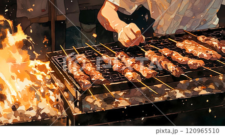お祭りの屋台の網で焼かれる牛串焼きの水彩イラスト 120965510