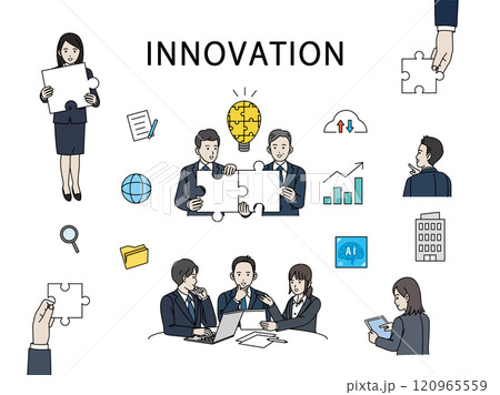 イノベーションを推進するビジネスパーソンのイラストセット イノベーションを推進するビジネスパーソンのイラストセット 120965559