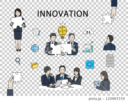 イノベーションを推進するビジネスパーソンのイラストセット イノベーションを推進するビジネスパーソンのイラストセット 120965559