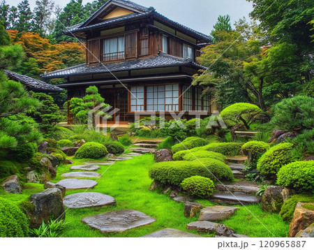 美しい日本庭園と古民家の調和：和の心を感じる伝統的な風景6　AI生成画像 120965887