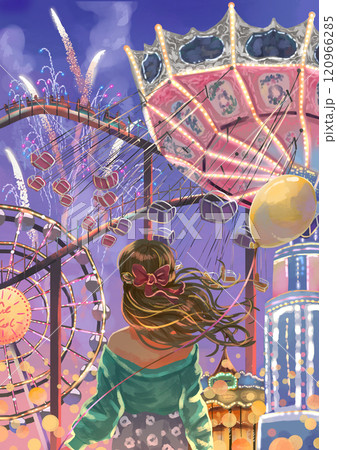 幻想的な遊園地で風船を持った女性の後ろ姿のイラスト素材 [120966285