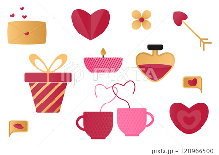 Set of elements with romantic symbols: gifts, ball, candy. Illustrations on the theme of Valentine's Day, birthday, Christmas. Bright pink, gold and red colors are ideal for the design of postcards or Set of elements with romantic symbols: gifts, ball, candy. Illustrations on the theme of Valentine's Day, birthday, Christmas. Bright pink, gold and red colors are ideal for the design of postcards or 120966500