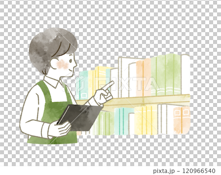 蔵書点検をしているエプロンを着用した男性-水彩 120966540