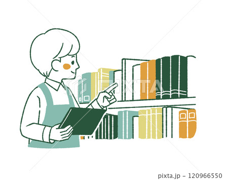 蔵書点検をしているエプロンを着用した男性-4色 蔵書点検をしているエプロンを着用した男性-4色 120966550