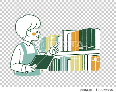 A man wearing an apron inspecting a library - 4 colors A man wearing an apron inspecting a library - 4 colors 120966550