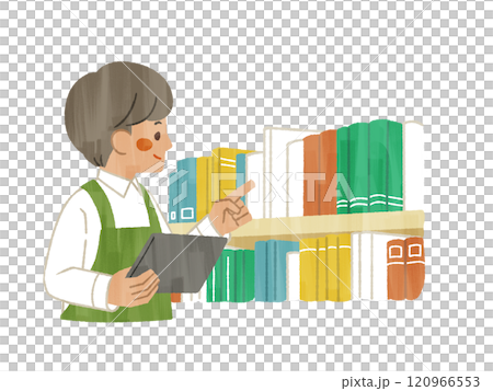 一個穿著圍裙的男人在檢查藏書 - Gash 一個穿著圍裙的男人在檢查藏書 - Gash 120966553