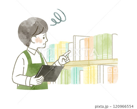 困った表情で蔵書点検をしているエプロンを着用した男性-水彩 120966554