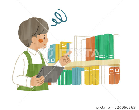 困った表情で蔵書点検をしているエプロンを着用した男性-ガッシュ 困った表情で蔵書点検をしているエプロンを着用した男性-ガッシュ 120966565