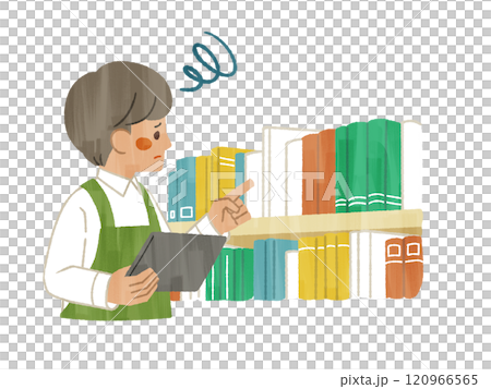 A man wearing an apron inspecting a library with a troubled expression - Gash 120966565
