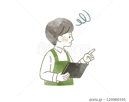 困った表情で人差し指を指しているエプロンを着用した男性-水彩 困った表情で人差し指を指しているエプロンを着用した男性-水彩 120966595