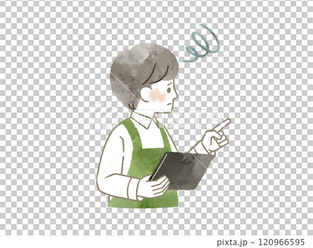 困った表情で人差し指を指しているエプロンを着用した男性-水彩 困った表情で人差し指を指しているエプロンを着用した男性-水彩 120966595