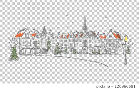 Hand-drawn line drawing illustration of a snowy foreign cityscape 120966681