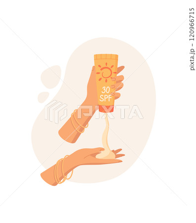 Hand use sun screen lotion tube, creative sun protection spray pack, flat solar screen cream container, cartoon sunblock cosmetic product, vector spf moisturizer bottle, 120966715