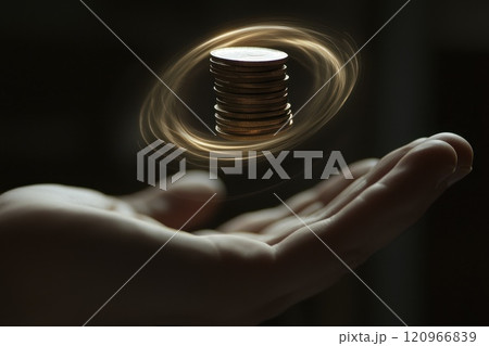 Conceptual Representation of Wealth and Finance with Hovering Coins Above an Outstretched Hand Suggesting Investment and Prosperity in Modern Economy 120966839