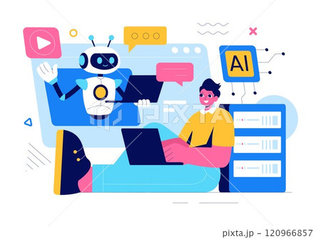 Artificial Intelligence Vector Illustration featuring a Digital Brain, Technology, and Engineering with a Programmer Analyzing Data or Scientific 120966857