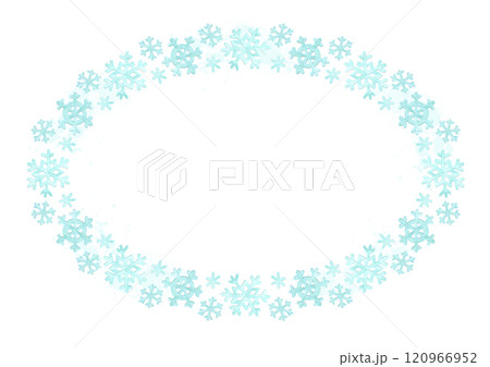 Snowflakes frame. Simple horizontal oval winter border with big and small cartoon snowflakes. Watercolor background template for cards, plates or shopping bags with empty place for text in center 120966952