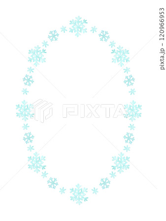 Snowflakes. Primitive watercolor frame. Simple Vertical oval border with hand-drawn cartoon snowflakes. Winter background template for card, plate or shopping bag with empty place for text in center 120966953