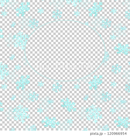 Square winter template with hand-drawn snowflakes pattern and white oval empty space for text in center. Simple watercolor background for season covers, postcards, posters and other printable designs Square winter template with hand-drawn snowflakes pattern and white oval empty space for text in center. Simple watercolor background for season covers, postcards, posters and other printable designs 120966954