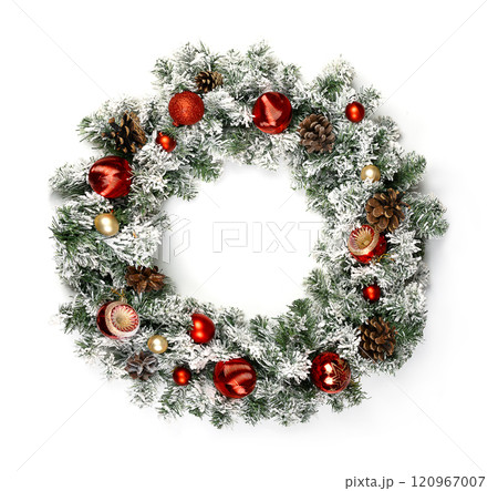 Christmas wreath from nature green spruce twig on white background. Round frame decorated with cones, red balls and snow. Mock up for card of holiday winter, New year, Celebration, sale. Christmas wreath from nature green spruce twig on white background. Round frame decorated with cones, red balls and snow. Mock up for card of holiday winter, New year, Celebration, sale. 120967007