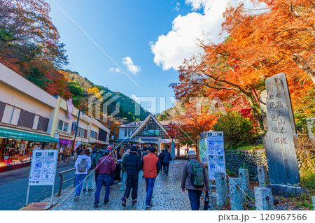 紅葉の高尾山　朝から賑わうケーブルカーの清滝駅前 120967566