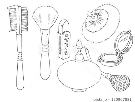 Vintage set of cosmetics including a comb, powder puff, perfume, lipstick. Ideal for beauty and fashion branding: hair salons, lifestyle blogs. Illustration for article, business card, label, magazine Vintage set of cosmetics including a comb, powder puff, perfume, lipstick. Ideal for beauty and fashion branding: hair salons, lifestyle blogs. Illustration for article, business card, label, magazine 120967881