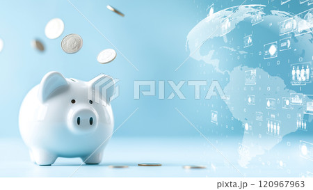 データプロジェクション付きの象徴的な貯金箱、グローバルな金融技術のテーマ 120967963