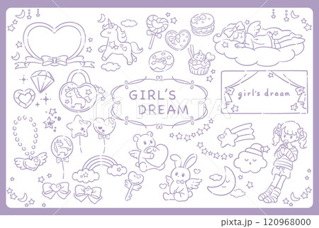 ゆめかわ、ガーリーなパステルトーンのイラスト素材。フレームも。ベクターイラスト素材。 ゆめかわ、ガーリーなパステルトーンのイラスト素材。フレームも。ベクターイラスト素材。 120968000