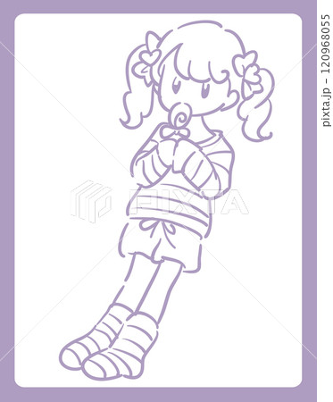 キャンディを食べている女の子。ゆめかわ、ガーリーなパステルトーンのイラスト素材。ベクターイラスト素材 120968055