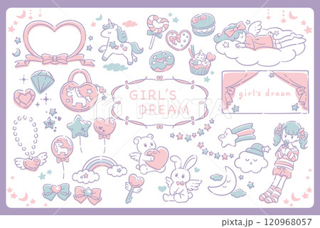 ゆめかわ、ガーリーなパステルトーンのイラスト素材。フレームも。ベクターイラスト素材。 120968057