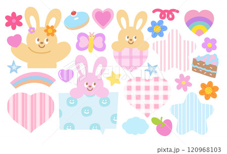 Pastel illustration of bunny, butterfly, heart, cake, donut, flower, star, rainbow for animal, pet shop, vet, zoo, souvenir shop, happy easter, cute patch, kid doll, sticker, sweet dessert, Valentine 120968103