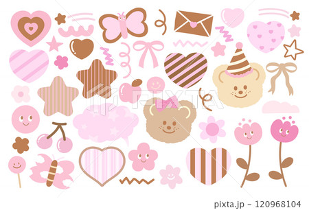 Pink and brown illustrations of teddy bear, party hat, butterfly, love letter, heart, ribbon, tulip flowers, stars, cherry for sweet dessert, Chocolate's Day, animals, zoo, souvenir shop, Valentine's 120968104