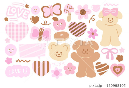 Pink and brown illustrations of teddy bear, puppy, butterfly, donut, LOVE letters, heart, ribbon, flowers, apple for sweet dessert, Chocolate's Day, animals, zoo, souvenir shop, Valentine, cartoon Pink and brown illustrations of teddy bear, puppy, butterfly, donut, LOVE letters, heart, ribbon, flowers, apple for sweet dessert, Chocolate's Day, animals, zoo, souvenir shop, Valentine, cartoon 120968105